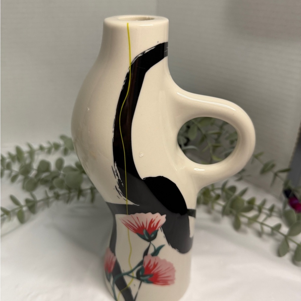 Rachel Joanis X OUI Candle Stick Holder Ceramic Abstract Floral with Handle